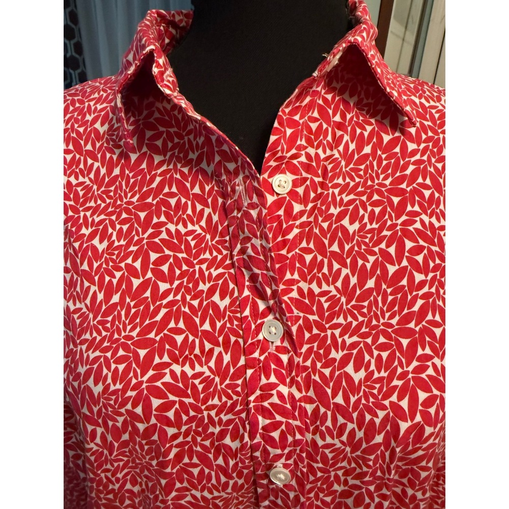 Lands End Womens Red White Leaf Print Button Up Shirt Size 14 Stretch Cotton - Picture 2 of 6